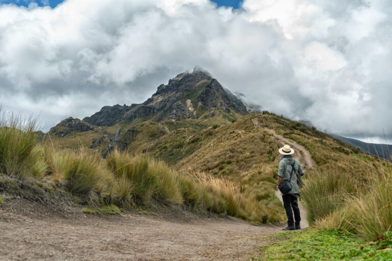 man in gray jacket and black pants walking on dirt road near green grass field during